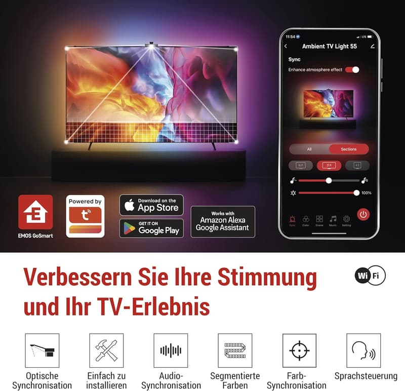 Smarte RGBIC TV-Hintergrundbeleuchtung mit Kamera für 55“ Fernseher