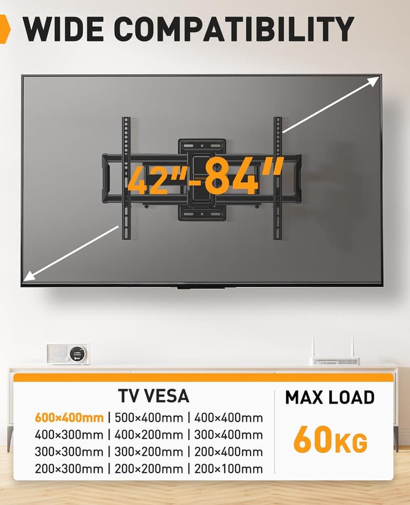 Schwenkbare TV Wandhalterung für 42-84 Zoll Fernseher, max. 60kg, VESA 200x100 bis 600x400mm