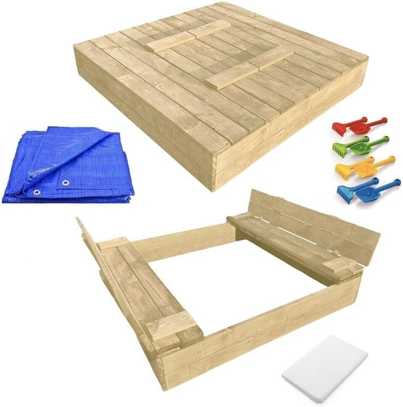 Holz-Sandkasten mit Deckel und Sitzbänken, 120x120 cm