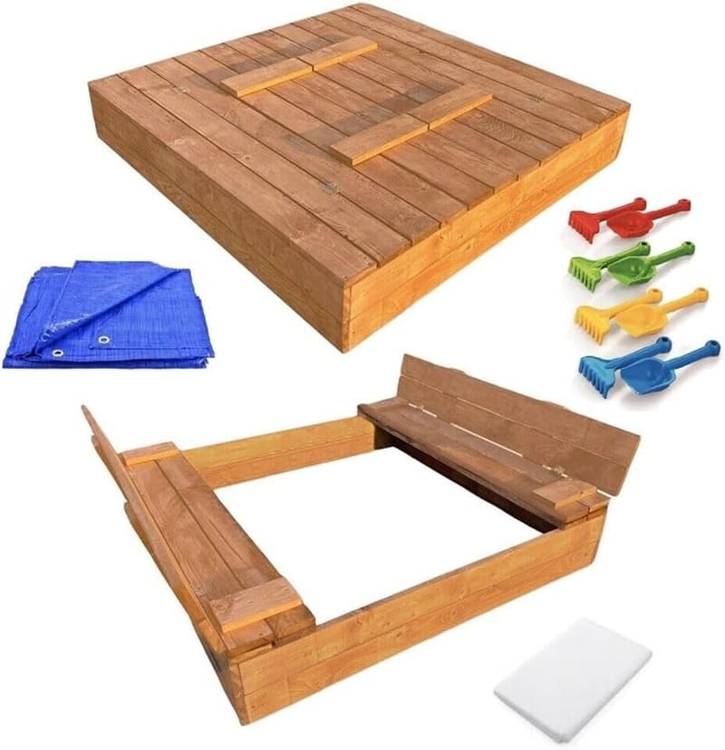 Sandkasten mit Deckel 120x120 cm und Bänken aus imprägniertem Holz