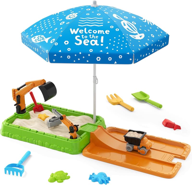 Sandkasten mit Abdeckung und Sonnenschirm für Kinder 3-5 Jahre, Grün