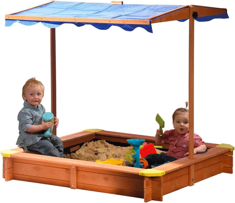Sandkasten aus Massivholz mit schwenkbarem Dach – Kinder-Outdoor-Spielzeug, 112 x 112 cm