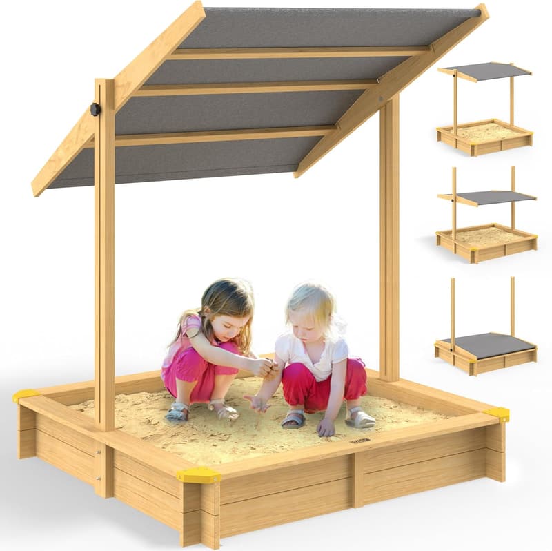 Sandkasten Samu mit Sonnendach 120x120 cm aus naturbelassenem Holz