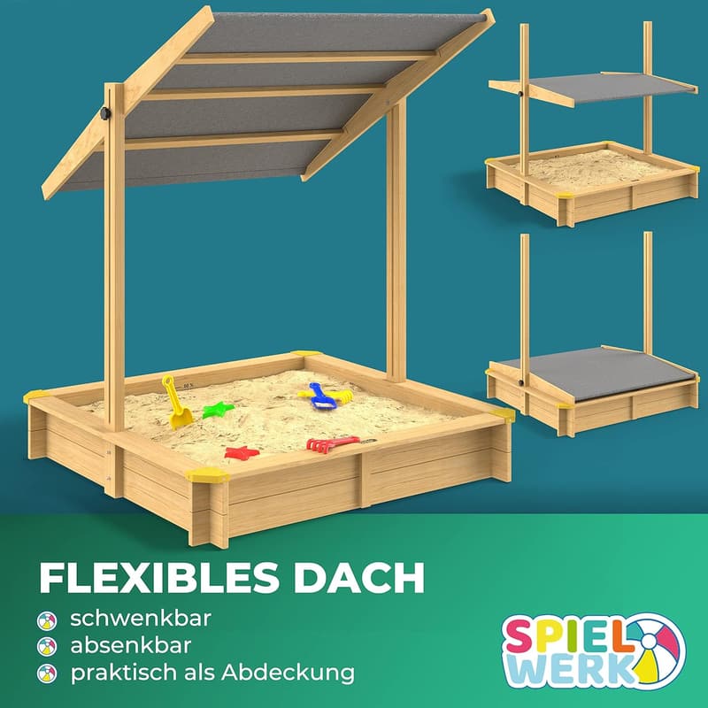 Sandkasten Samu mit Sonnendach 120x120 cm aus naturbelassenem Holz