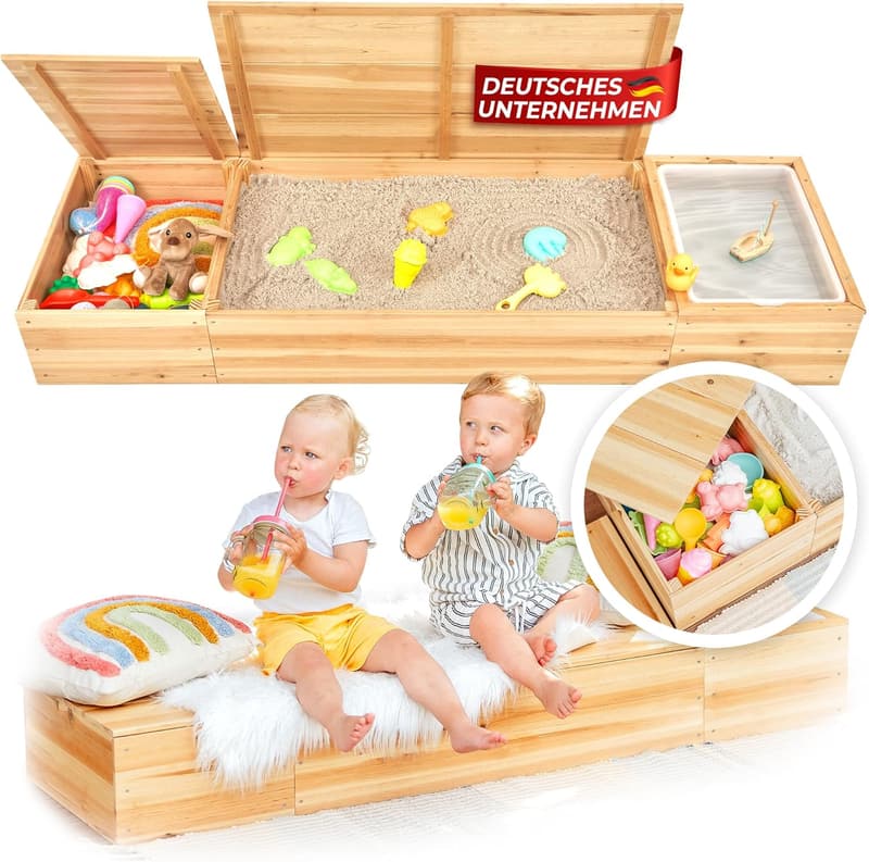 Massivholz Sandkasten 4 in 1 mit Wasserwanne und Staufach für Kinder