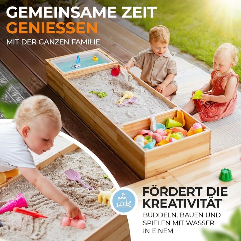 Massivholz Sandkasten 4 in 1 mit Wasserwanne und Staufach für Kinder