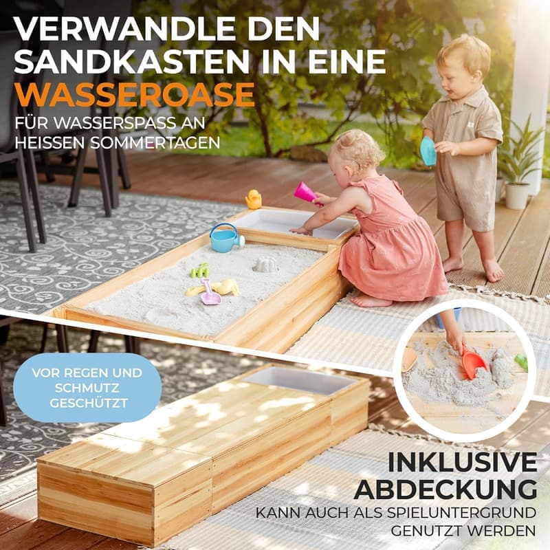 Massivholz Sandkasten 4 in 1 mit Wasserwanne und Staufach für Kinder