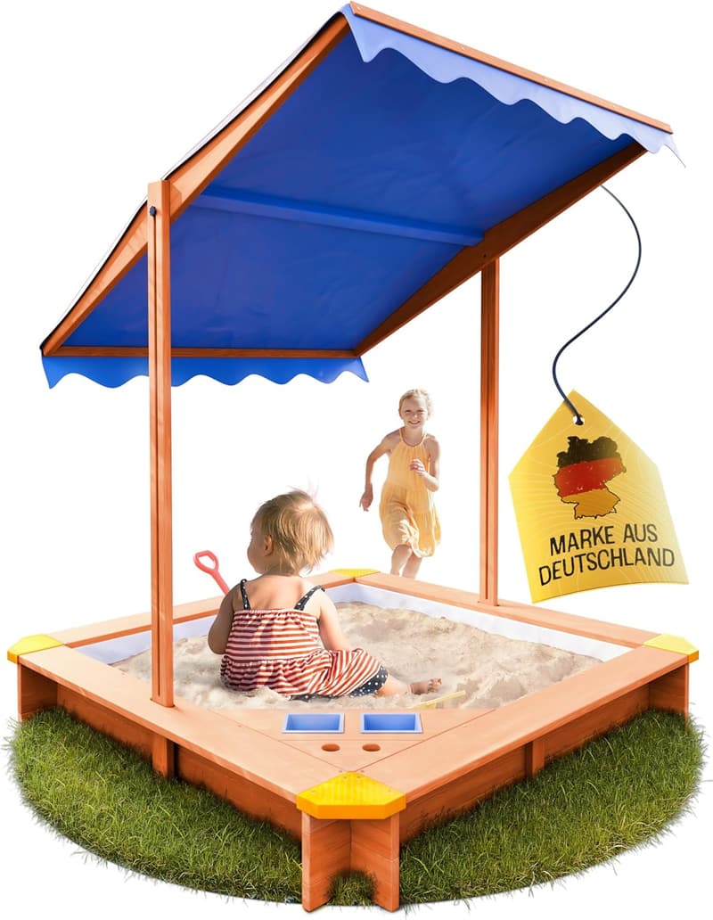 Sandkasten mit Dach (UV80+) und Matschküche für Kinder 140x140 cm