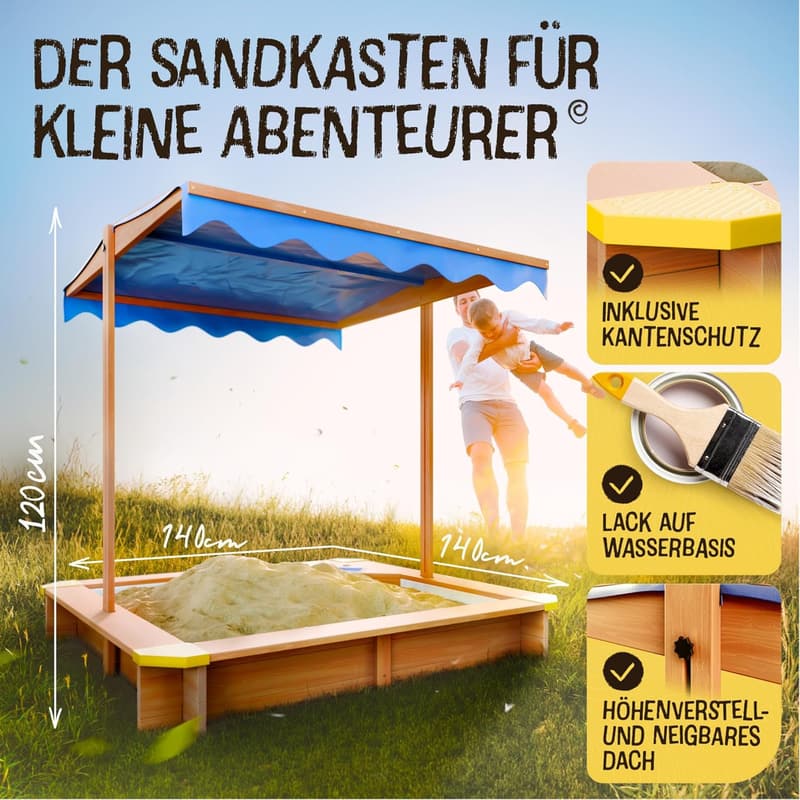 Sandkasten mit Dach (UV80+) und Matschküche für Kinder 140x140 cm