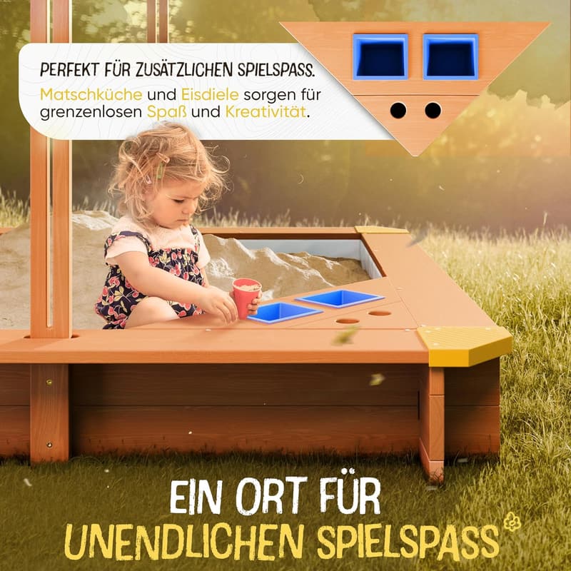 Sandkasten mit Dach (UV80+) und Matschküche für Kinder 140x140 cm
