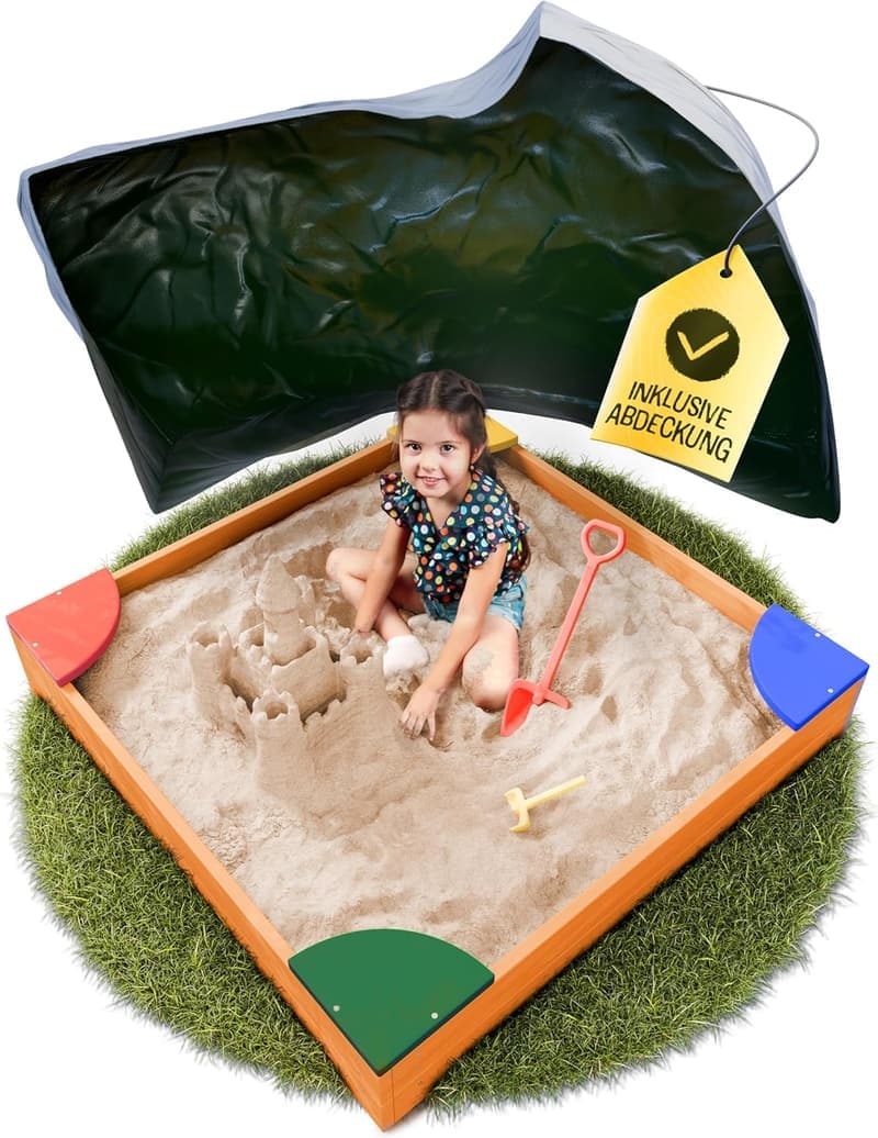 Sandkasten 90x90 cm mit Abdeckung und Bodenvlies für den Garten