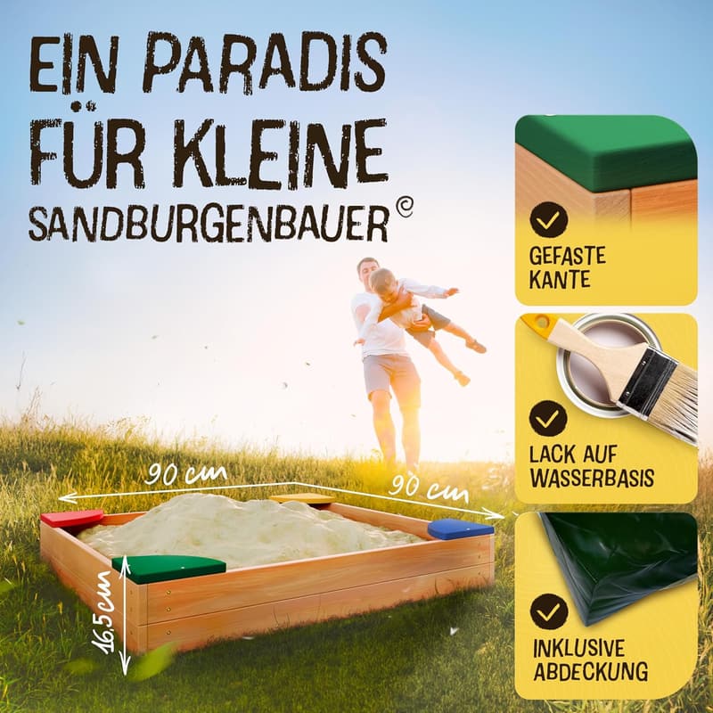 Sandkasten 90x90 cm mit Abdeckung und Bodenvlies für den Garten