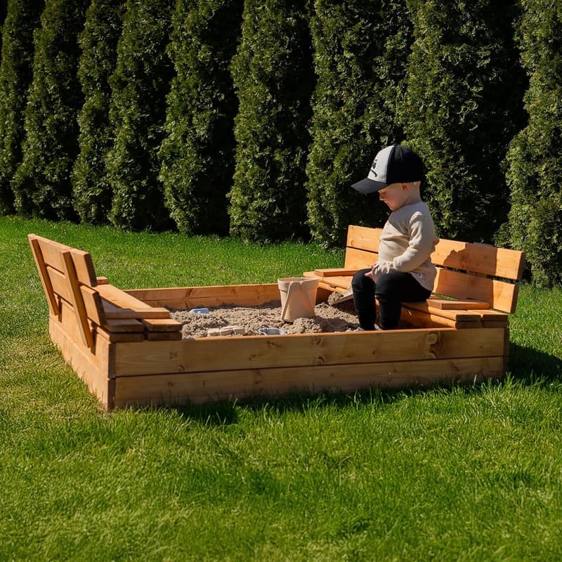 MAMOI Sandkasten 120x120 cm mit Deckel und Sitzbänken aus Holz