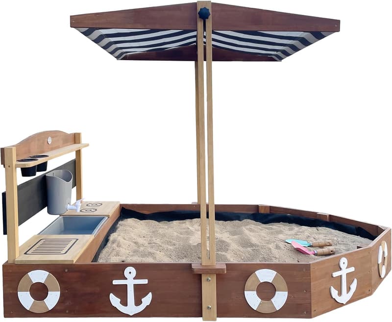 Sandkastenboot aus Holz mit Spielküche und Kreidetafel – 160x100x110 cm