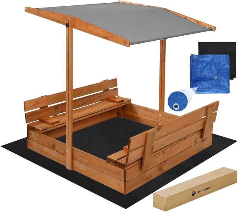 Wetterfeste Sandkiste aus Holz 120x120 cm mit klappbaren Bänken