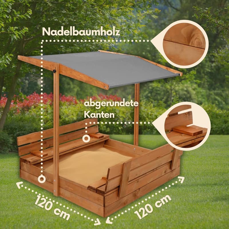 Wetterfeste Sandkiste aus Holz 120x120 cm mit klappbaren Bänken