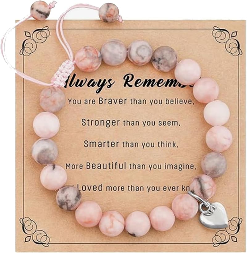 Rosa Naturstein-Armband Set mit Herz für Mädchen und Kinder