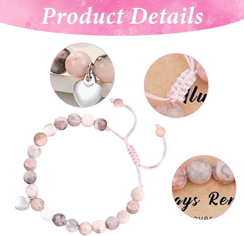 Rosa Naturstein-Armband Set mit Herz für Mädchen und Kinder