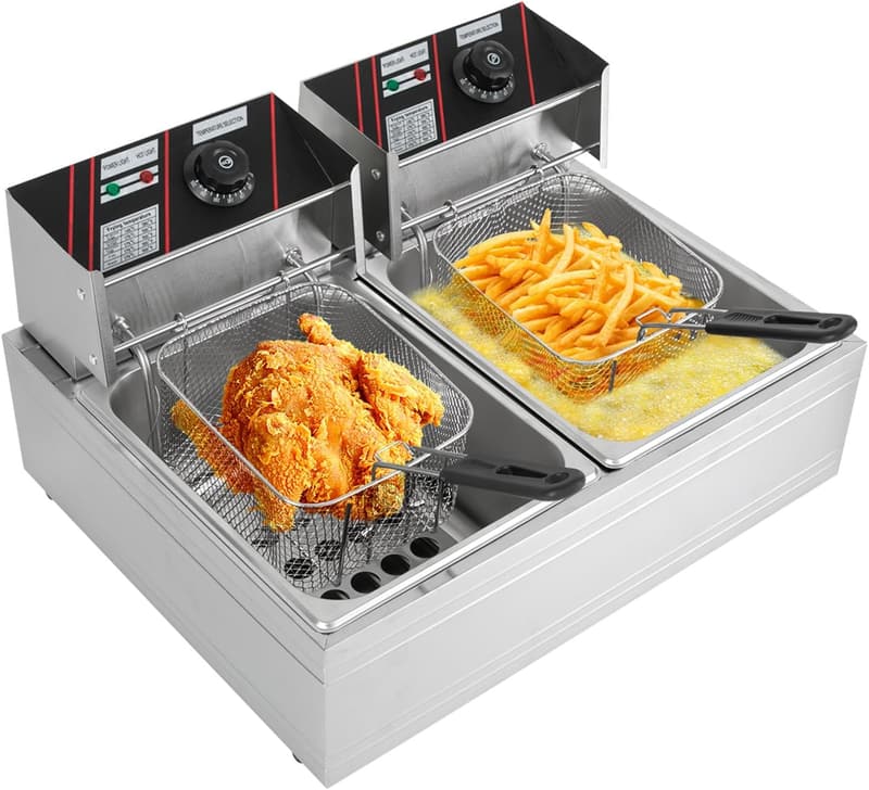 Edelstahl-Doppeltank-Fritteuse mit Fettablaufhahn und Zeitschaltuhr