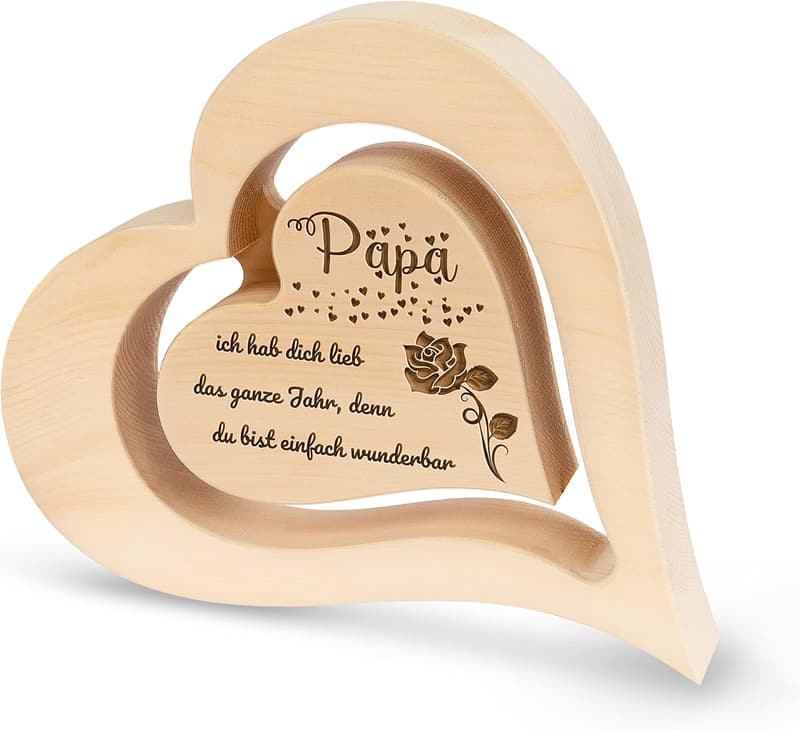 Zirbenholz Herz mit schwebendem Innenherz und Rosen Gravur für Papa