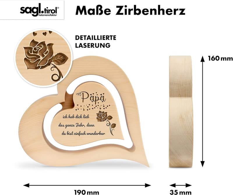 Zirbenholz Herz mit schwebendem Innenherz und Rosen Gravur für Papa