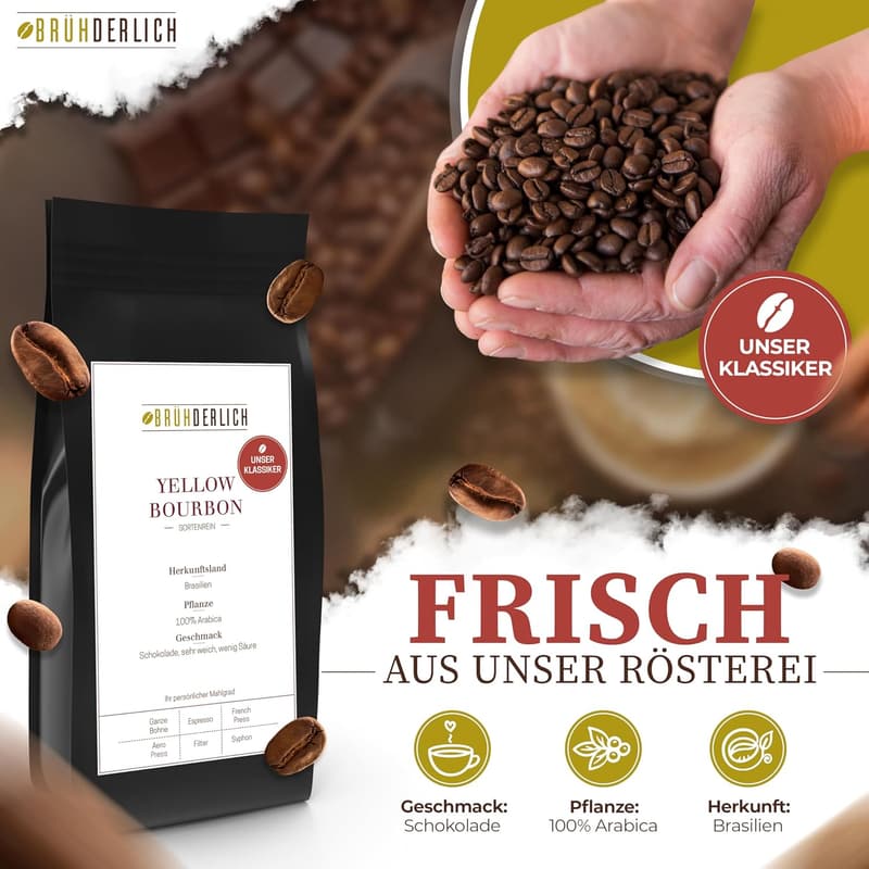 Yellow Bourbon Arabica Kaffeebohnen aus Brasilien, 500g - mild und harmonisch süß