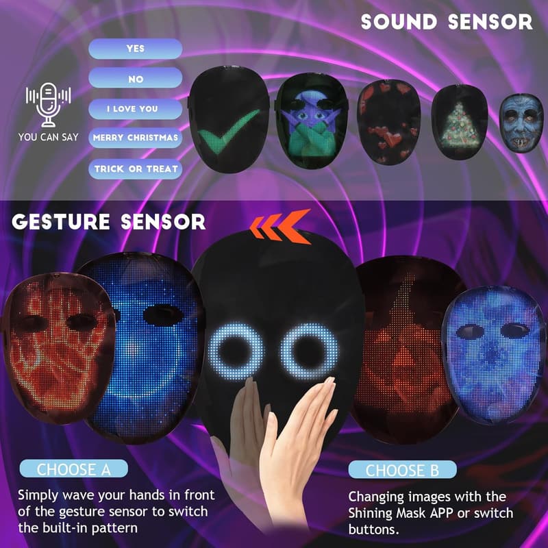 LED-Gesichtsmaske mit Gestenerkennung für Kostüm- und Halloween-Party