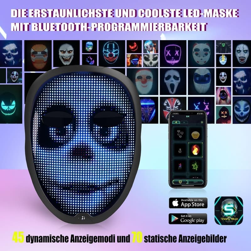 Bluetooth-fähige LED-Maske mit Gestenerkennung für Karneval und Halloween