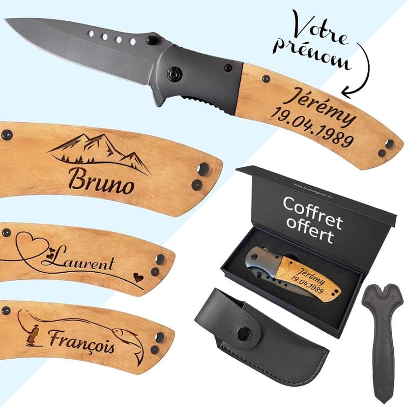 Personalisierte Klappmesser mit gravierten Holzgriffen für Männer
