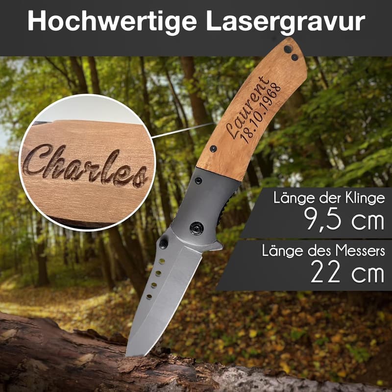 Personalisierte Klappmesser mit gravierten Holzgriffen für Männer