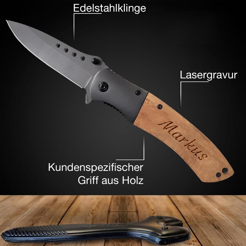 Personalisierte Klappmesser mit gravierten Holzgriffen für Männer