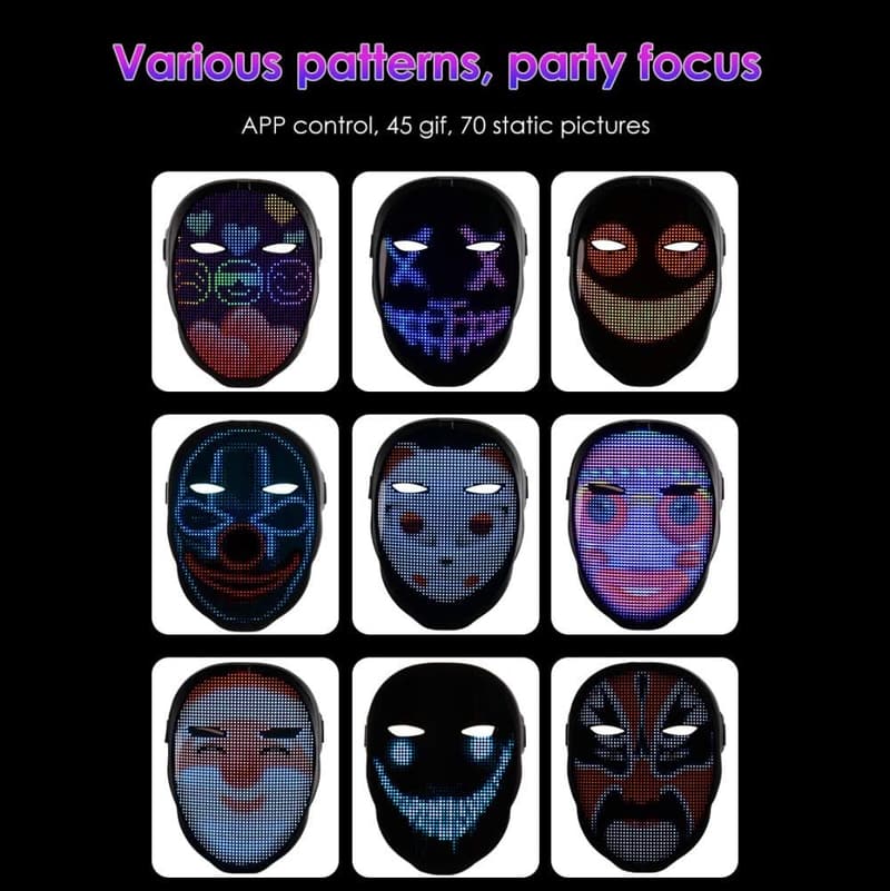 LED Animationsmaske mit App-Steuerung für Partys – 45 Designs, Musik-Rhythmus