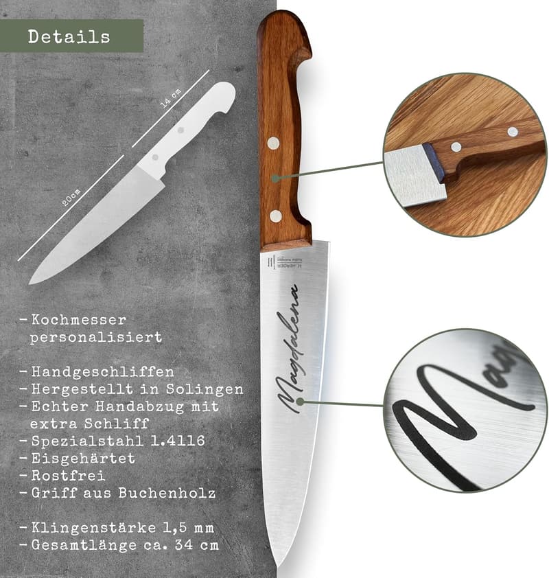 Personalisierte Kochmesser mit Gravur – 20 cm Spezialstahlklinge, Made in Germany