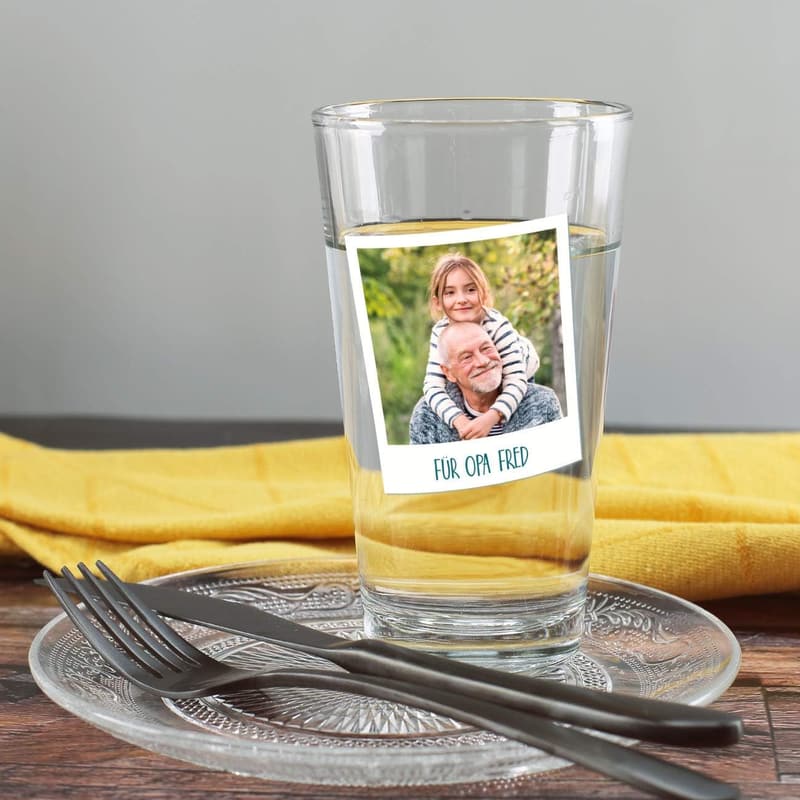 Trinkglas im Polaroid Design mit Foto und Wunschtext