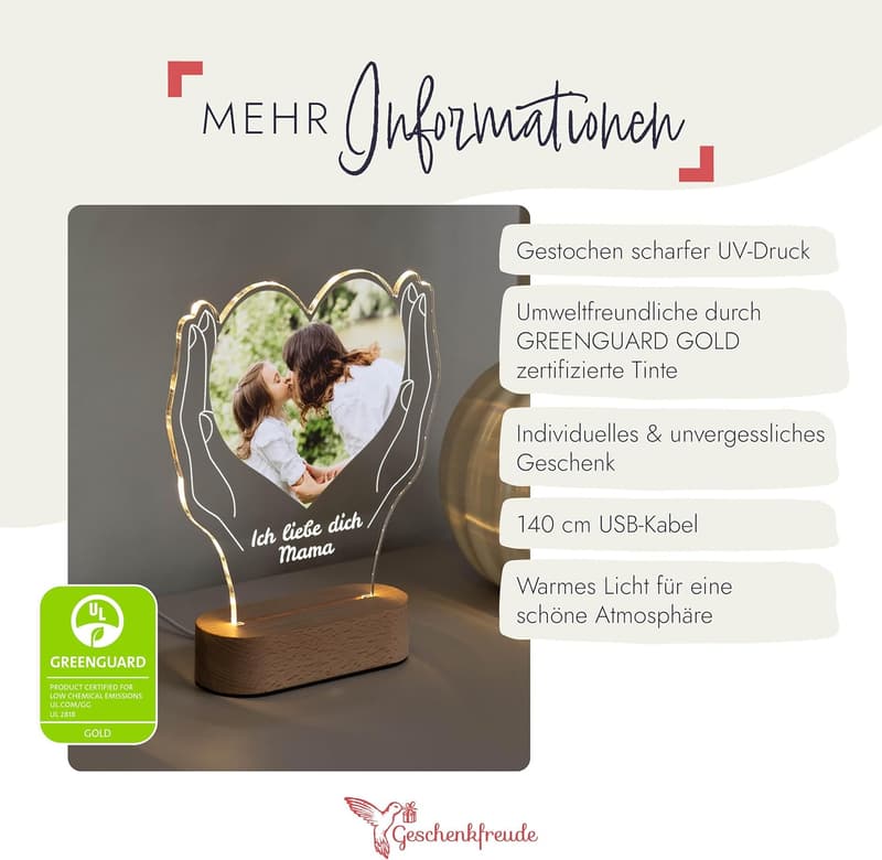 Personalisierte Acrylglas Nachtlicht mit Foto – Geschenkidee zum Geburtstag für Mama