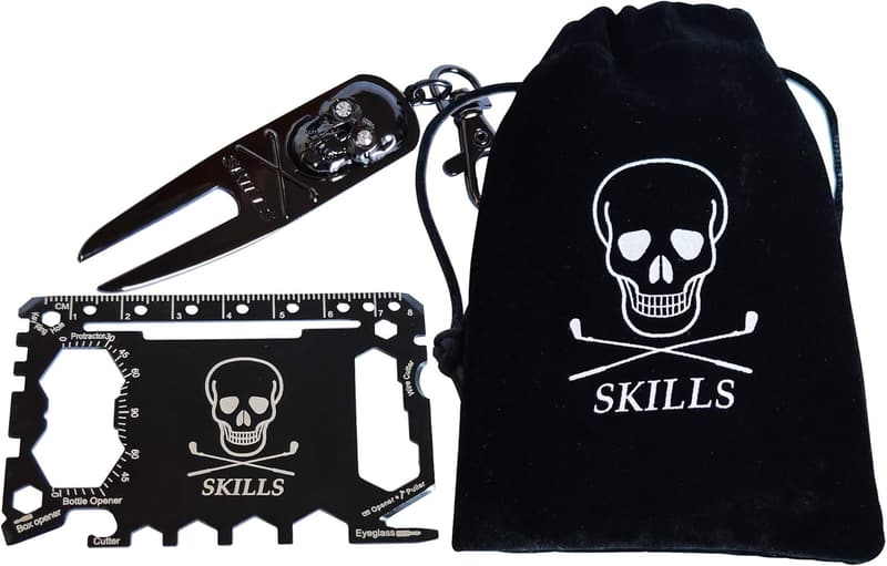 Golf Geschenkset - Pitchgabel mit Totenkopf-Ballmarker & 46-in-1 Multitool