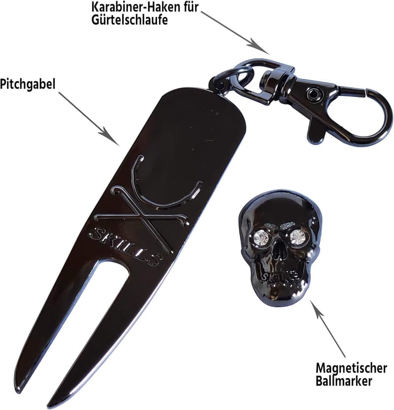 Golf Geschenkset - Pitchgabel mit Totenkopf-Ballmarker & 46-in-1 Multitool