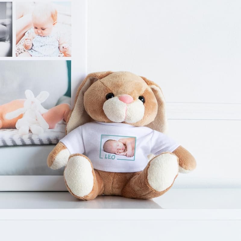 Personalisierbares Plüschtier Hase mit Foto und Text – Valentinstag Geschenk