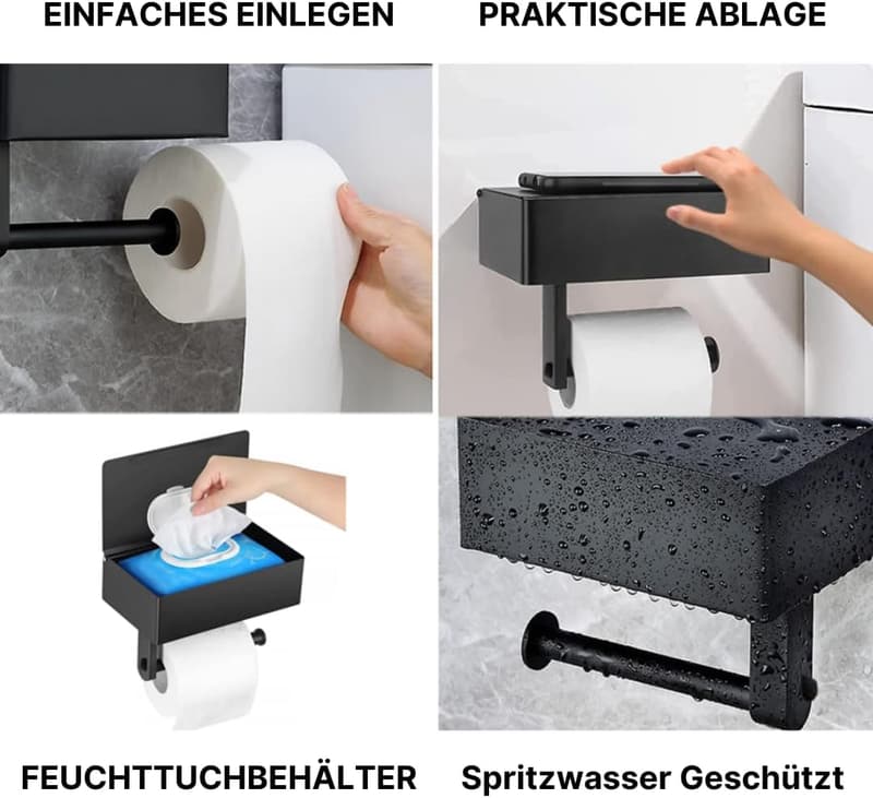 Toilettenpapierhalter mit Ablage und Feuchttücher-Behälter, montierbar