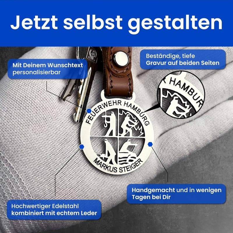 Personalisierter DFV Anhänger aus Edelstahl - ideales Feuerwehr Geschenk.