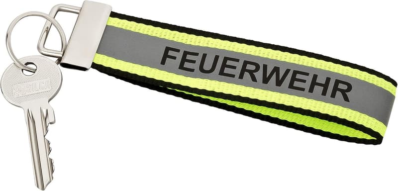 Reflektierender Feuerwehr Schlüsselanhänger in Schwarz mit Gelb, 140x30mm