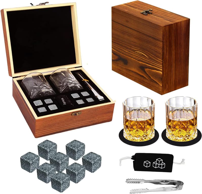Whiskey Stones Gift Set for Men - 8 Granite Rocks & 2 Glasses