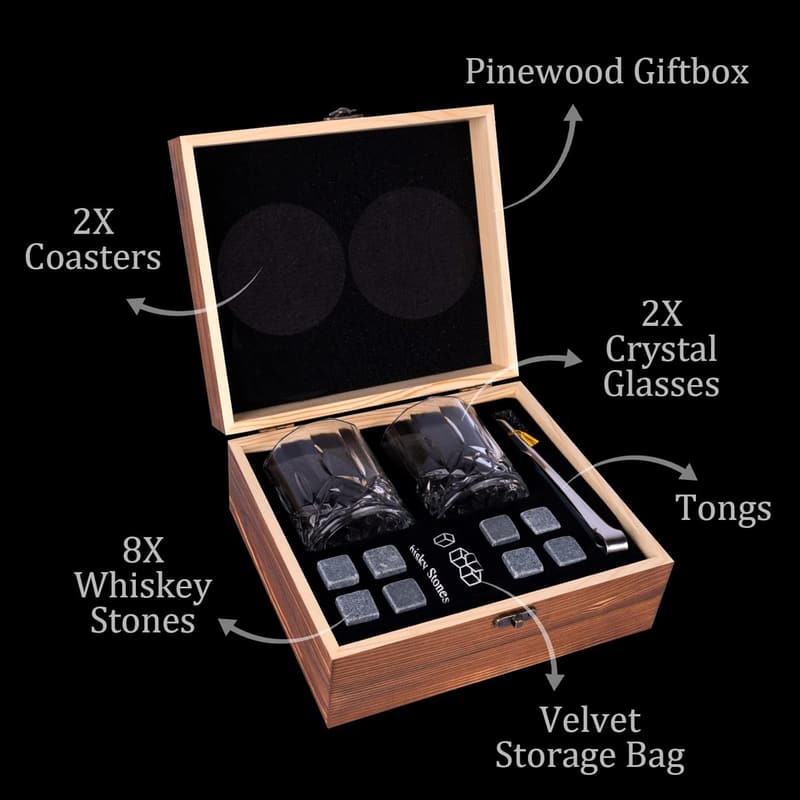 Whiskey Stones Gift Set for Men - 8 Granite Rocks & 2 Glasses