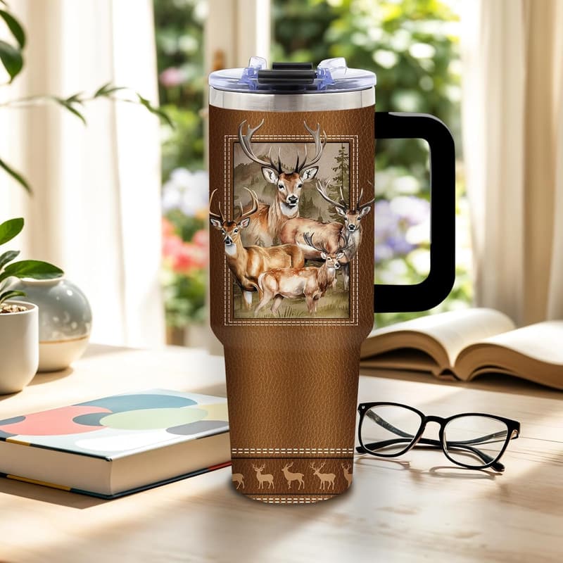 Deer Hunting Tumbler for Men, 40 Oz with Handle