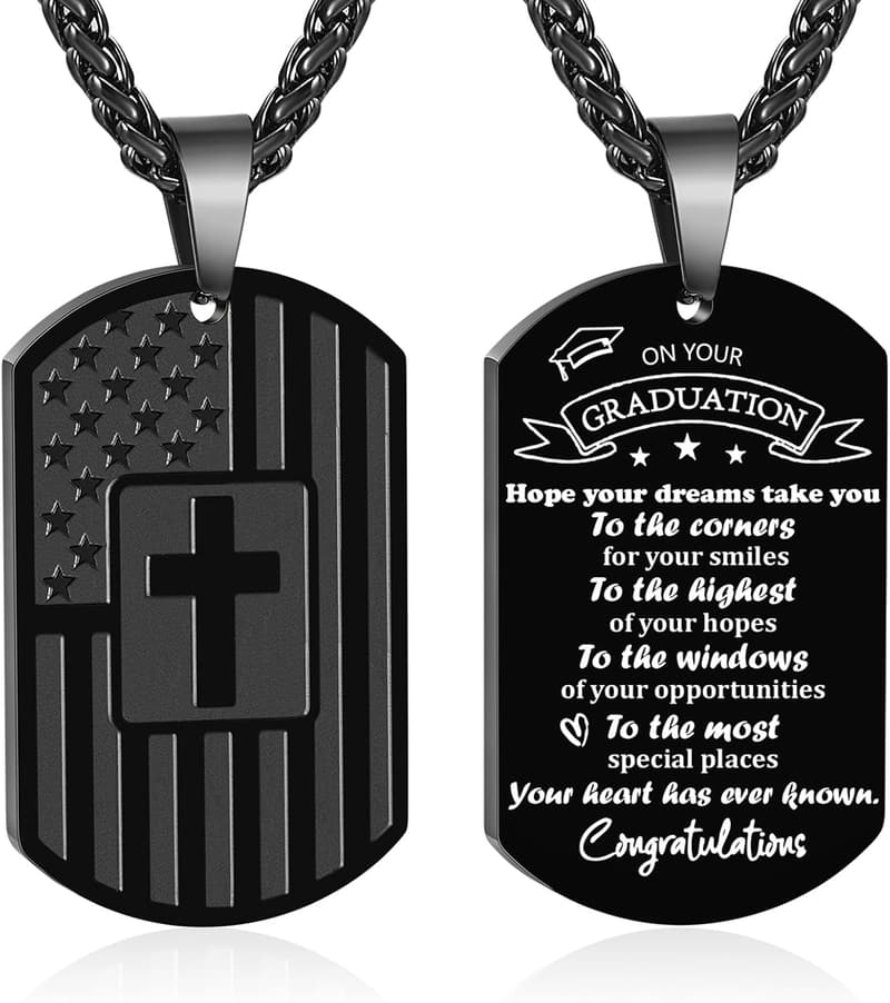 Graduation Dog Tag Cross Necklace for Men with American Flag