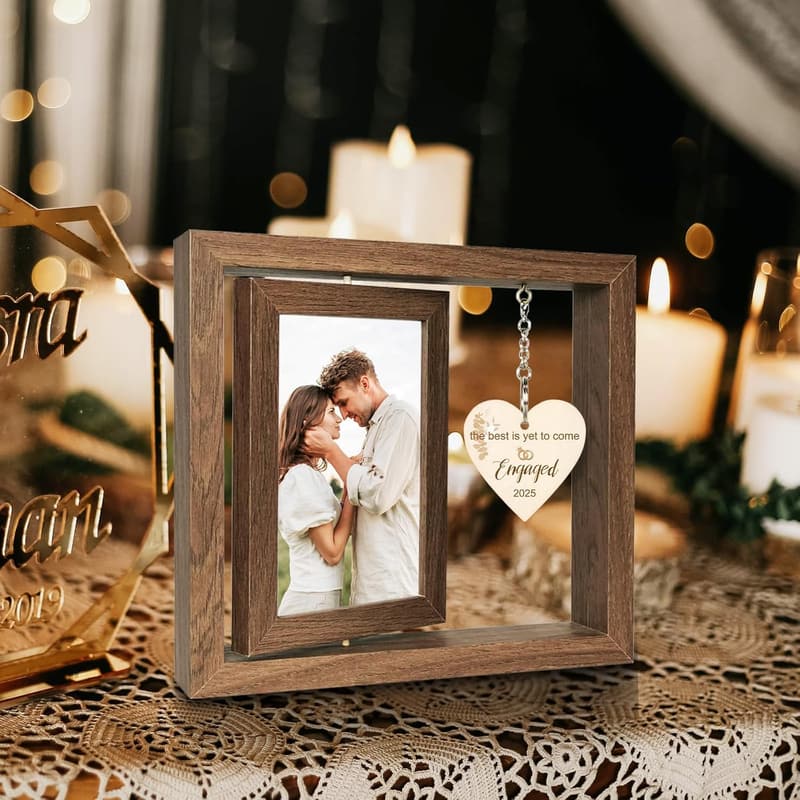 Engagement Gift: Rustic Wooden Rotating Picture Frame for Couples
