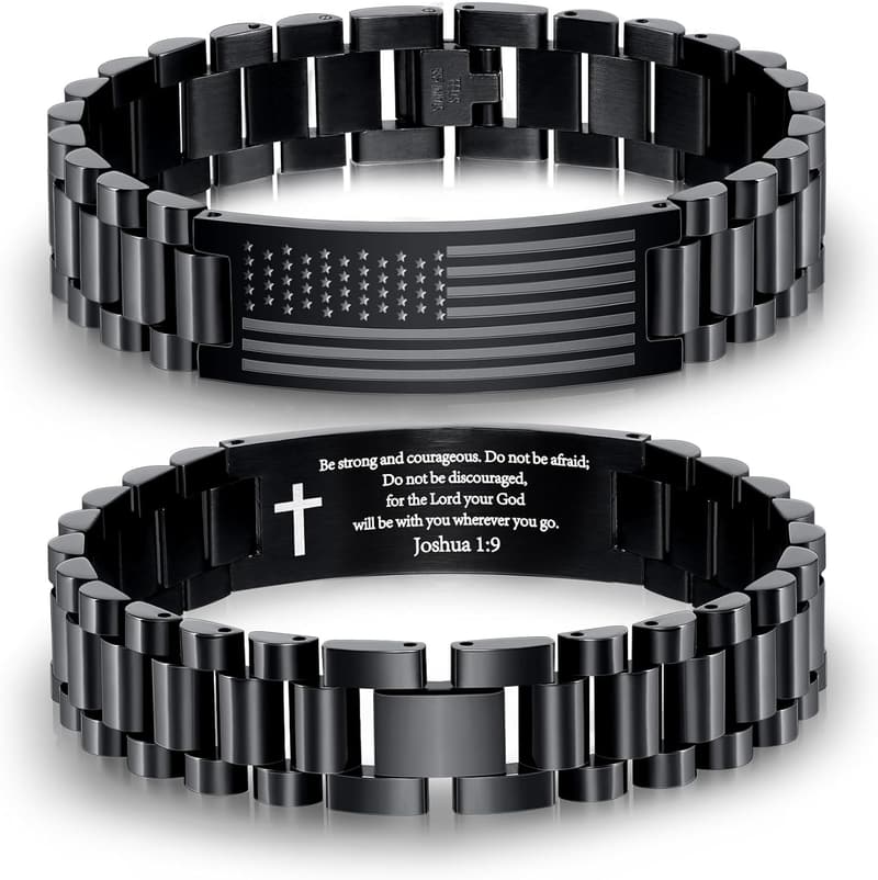 Father's Day American Flag Bracelet Watch for Men, Engraved Stainless Steel