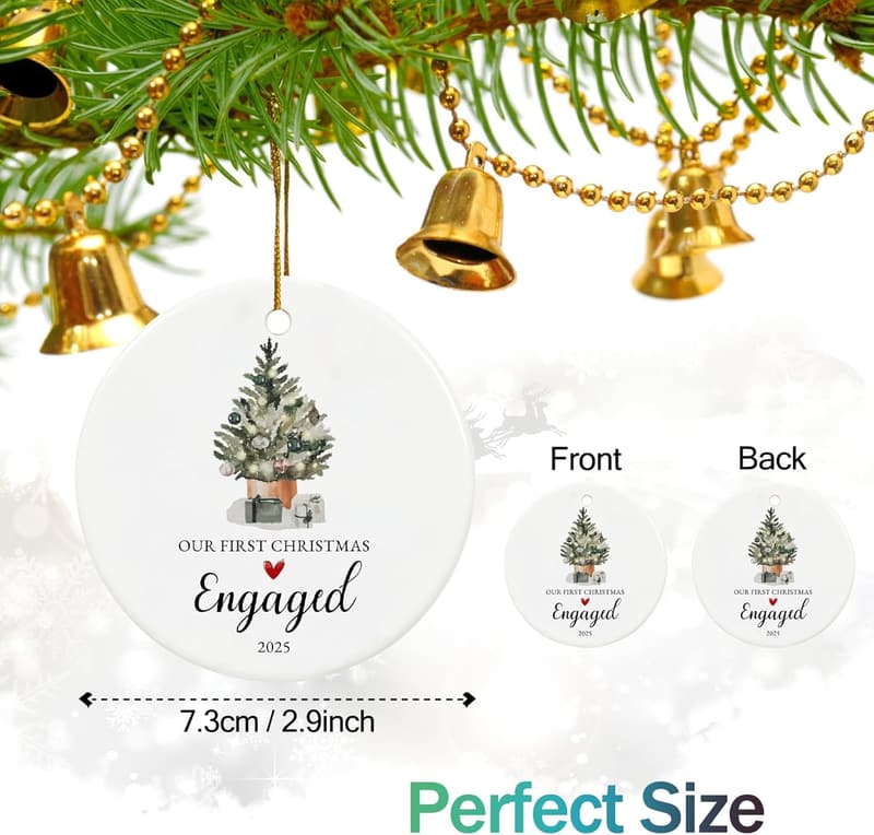 First Christmas Engaged Ornament 2025 - Ceramic Keepsake for Couples