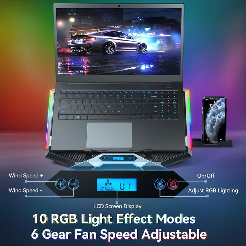 Gaming Laptop Cooling Pad with 8 Fans and RGB Lighting