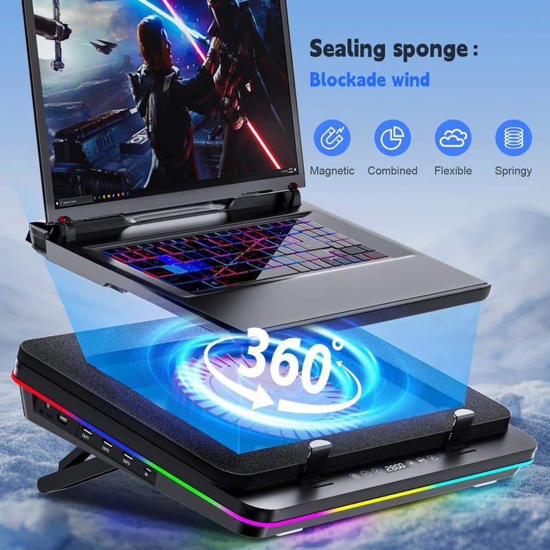 RGB Laptop Cooling Pad with Turbo Fan & USB Hub for 14.1-19.3